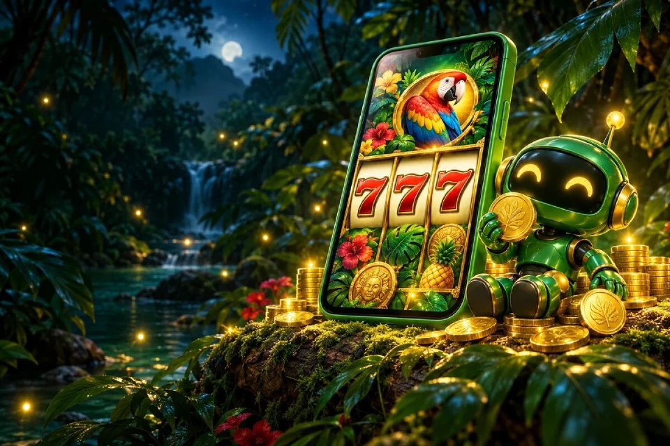 Celular de capa verde mostrando um caça-níquel com 7 vermelhos e um robô verde sorridente segurando uma moeda