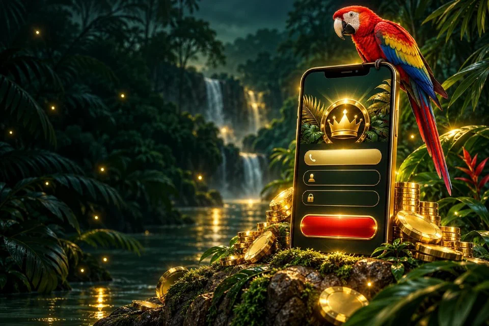 Celular sobre uma pedra com musgo mostrando um formulário dourado com campo de telefone e uma arara no topo
