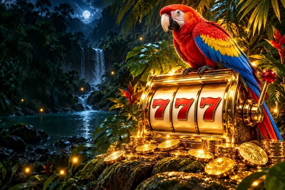 Arara vermelha sobre uma máquina caça-níqueis dourada com três 7 na floresta tropical à noite