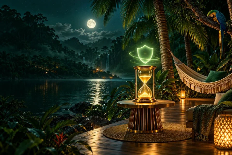 Ampulheta dourada sob um escudo verde luminoso em um deck à beira de um lago na floresta à noite
