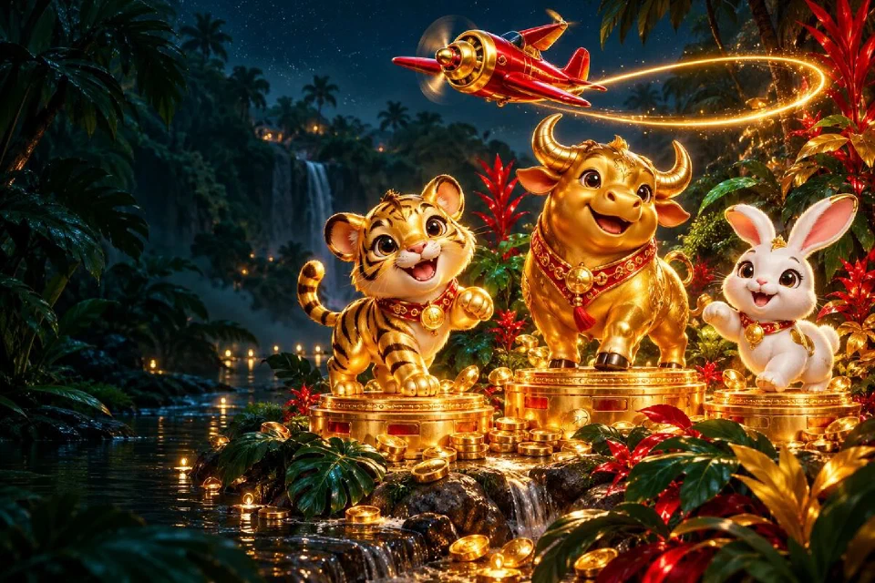 Filhote de tigre, touro dourado e coelho branco sobre pedestais dourados com um avião vermelho voando acima na floresta