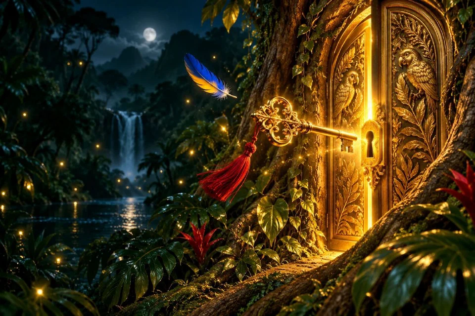 Porta dourada esculpida em uma árvore gigante com uma chave de ouro e borla vermelha na floresta à noite