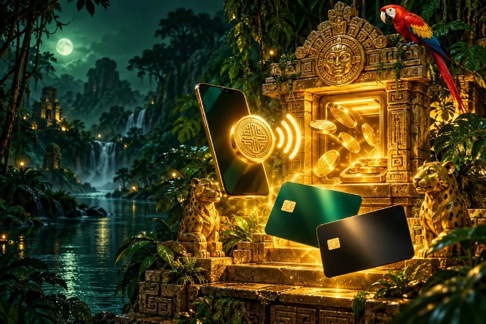 Caixa dourado em forma de templo na floresta com cartões, um celular com onda de pagamento e moedas