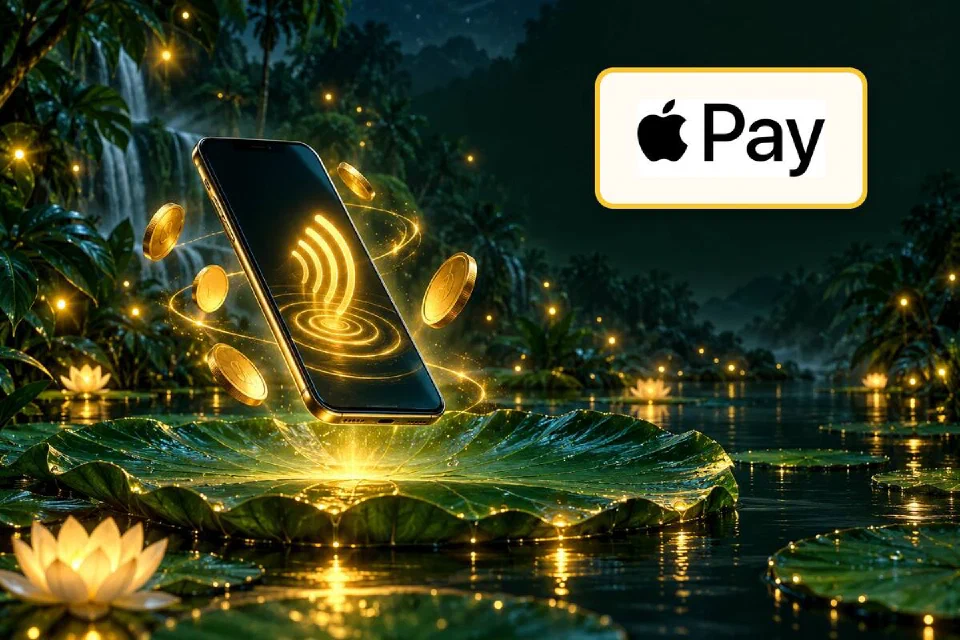 Logo Apple Pay em placa dourada ao lado de um celular flutuando sobre uma vitória-régia com onda de pagamento dourada