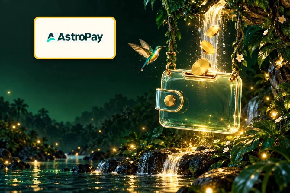 Logo AstroPay em placa dourada ao lado de uma carteira de vidro recebendo moedas e um beija-flor na floresta