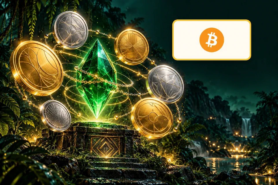 Logo Bitcoin em placa dourada ao lado de moedas de ouro e prata orbitando um cristal verde sobre um pedestal na floresta