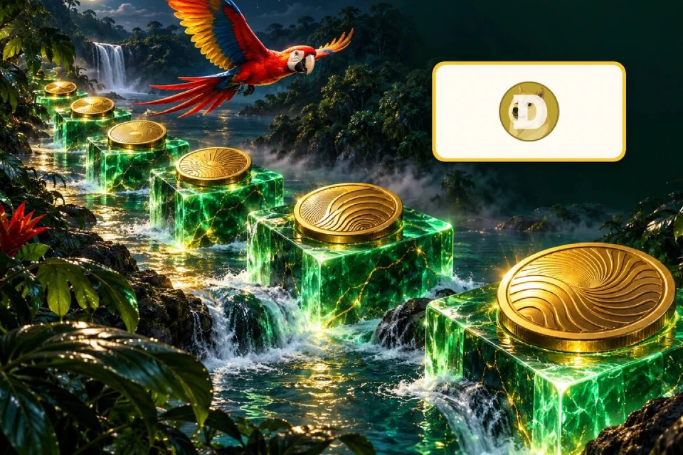Logo Dogecoin em placa dourada ao lado de cubos verdes luminosos com moedas gravadas sobre um rio na floresta