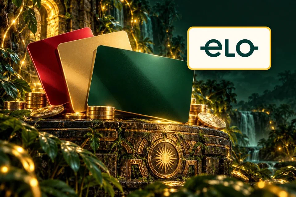Logo Elo em placa dourada ao lado de cartões verde e dourado sobre um altar esculpido na floresta à noite