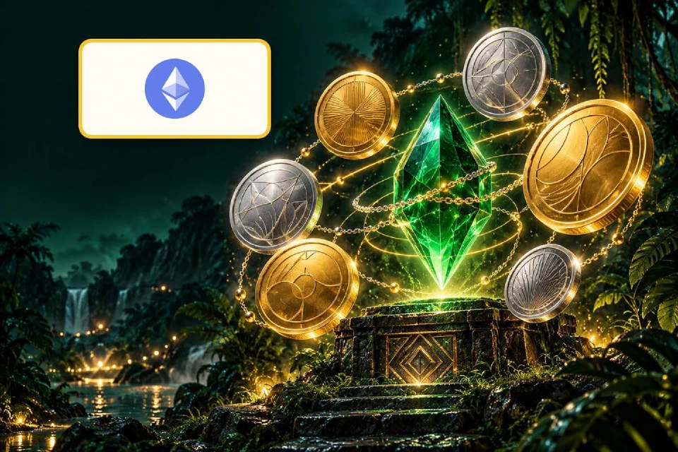 Logo Ethereum em placa dourada ao lado de moedas gravadas ligadas por correntes de luz a um cristal verde