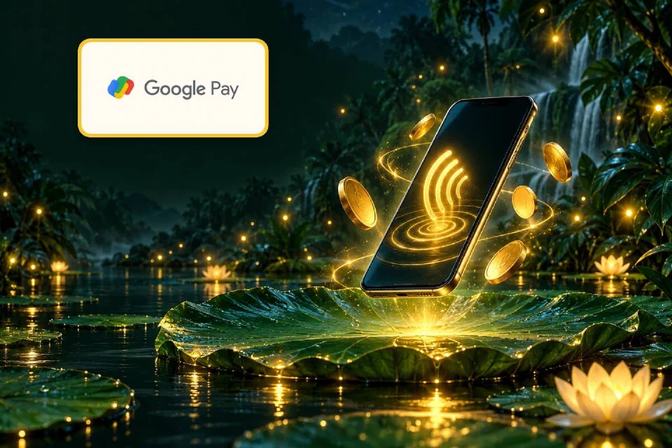 Logo Google Pay em placa dourada ao lado de um celular sobre uma vitória-régia com onda de pagamento e moedas