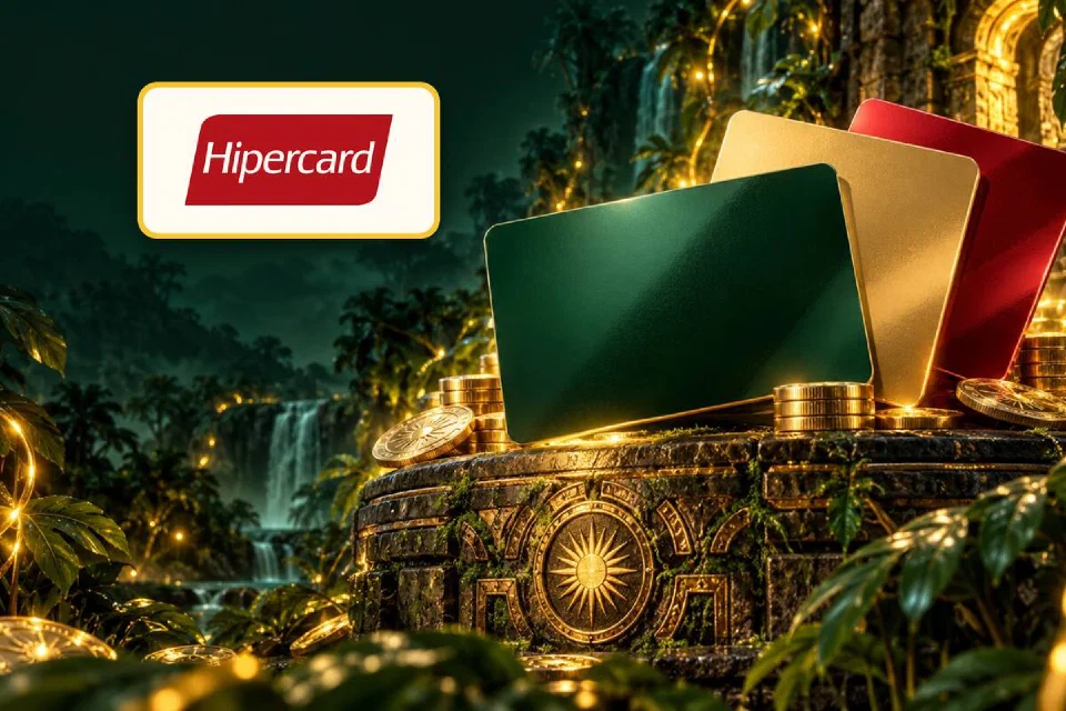 Logo Hipercard em placa dourada ao lado de cartões coloridos e moedas em um altar de pedra na floresta
