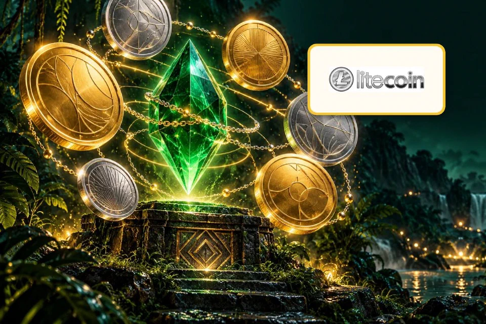 Logo Litecoin em placa dourada ao lado de moedas de prata e ouro girando em torno de um cristal verde
