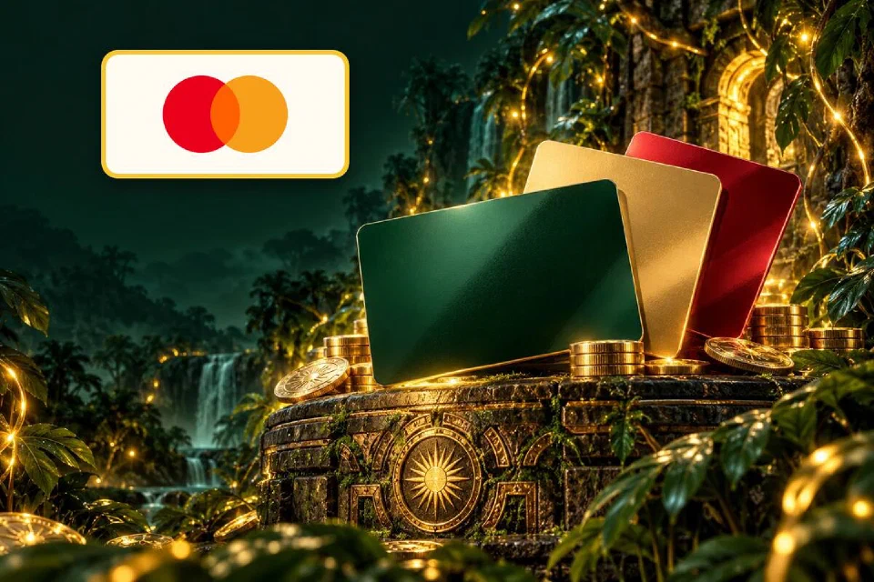 Logo Mastercard em placa dourada ao lado de cartões coloridos e moedas em um altar de pedra na floresta à noite