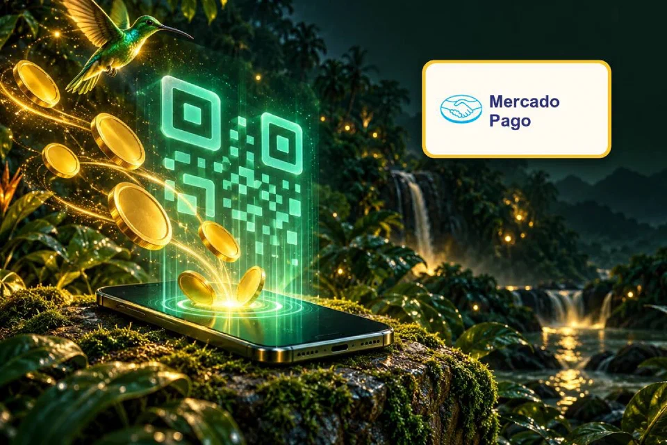 Logo Mercado Pago em placa dourada ao lado de um celular com QR code luminoso e moedas na floresta