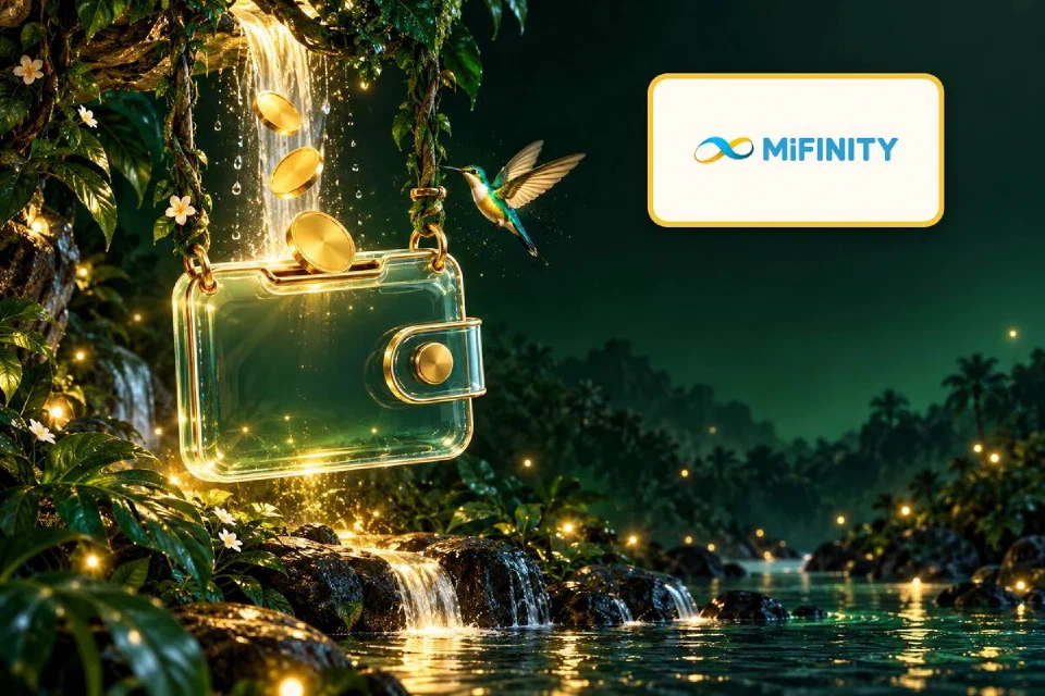 Logo MiFinity em placa dourada ao lado de uma carteira de vidro pendurada em cipós recebendo moedas