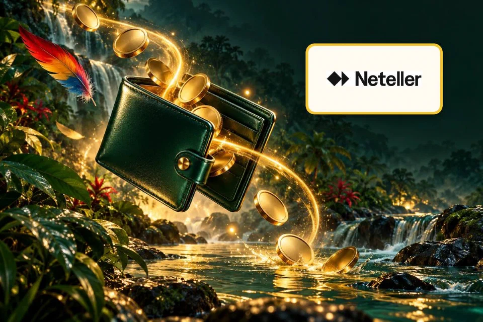 Logo Neteller em placa dourada ao lado de uma carteira verde enchendo de moedas perto de uma cachoeira
