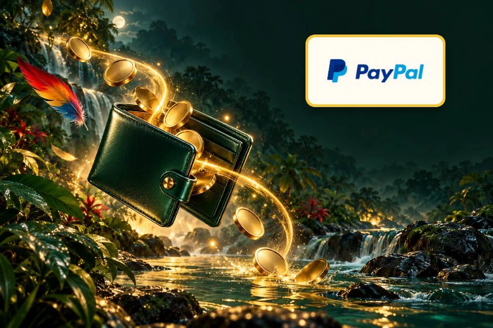 Logo PayPal em placa dourada ao lado de uma carteira de couro verde soltando moedas sobre um rio na floresta