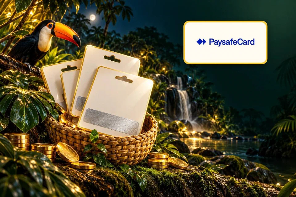 Logo Paysafecard em placa dourada ao lado de vouchers pré-pagos em um cesto de palha e um tucano na floresta