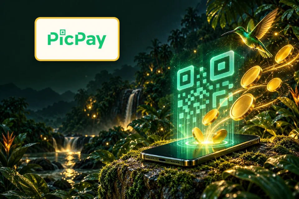 Logo PicPay em placa dourada ao lado de um celular com QR code verde e moedas voando na floresta à noite