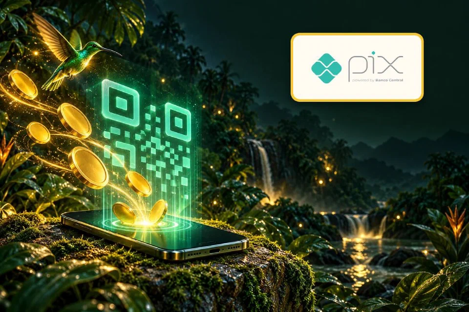 Logo PIX em placa dourada ao lado de um celular com QR code verde luminoso e moedas na floresta à noite