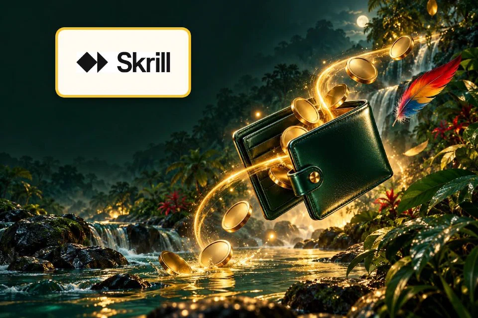 Logo Skrill em placa dourada ao lado de uma carteira verde com moedas fluindo em arco dourado sobre um rio