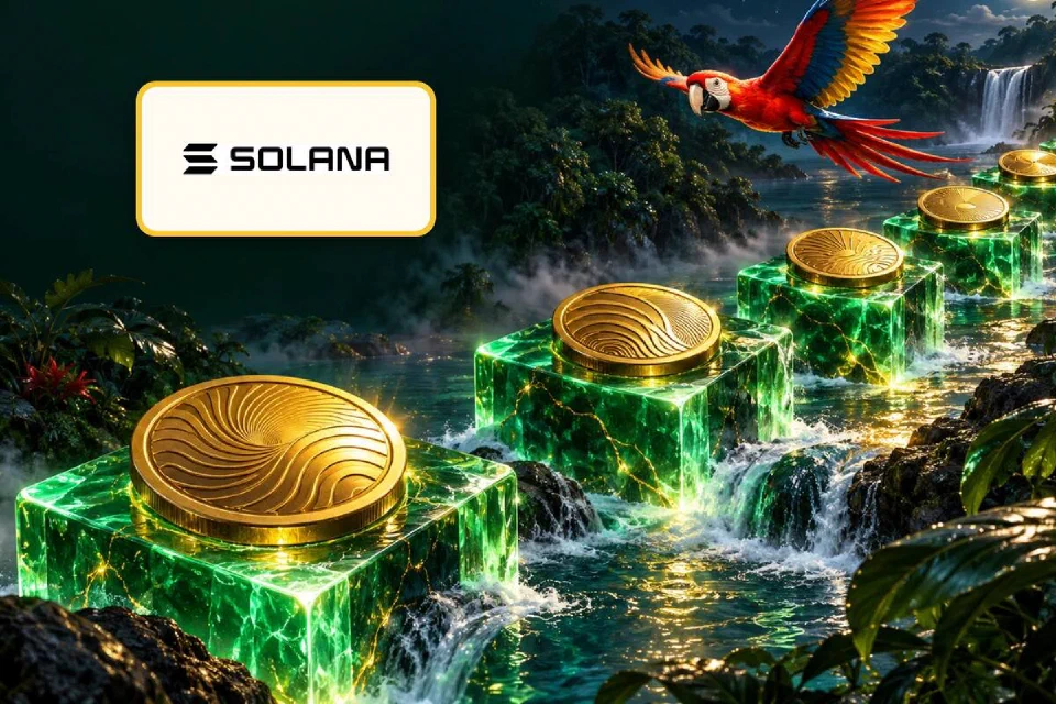 Logo Solana em placa dourada ao lado de cubos verdes luminosos com moedas e uma arara sobre o rio