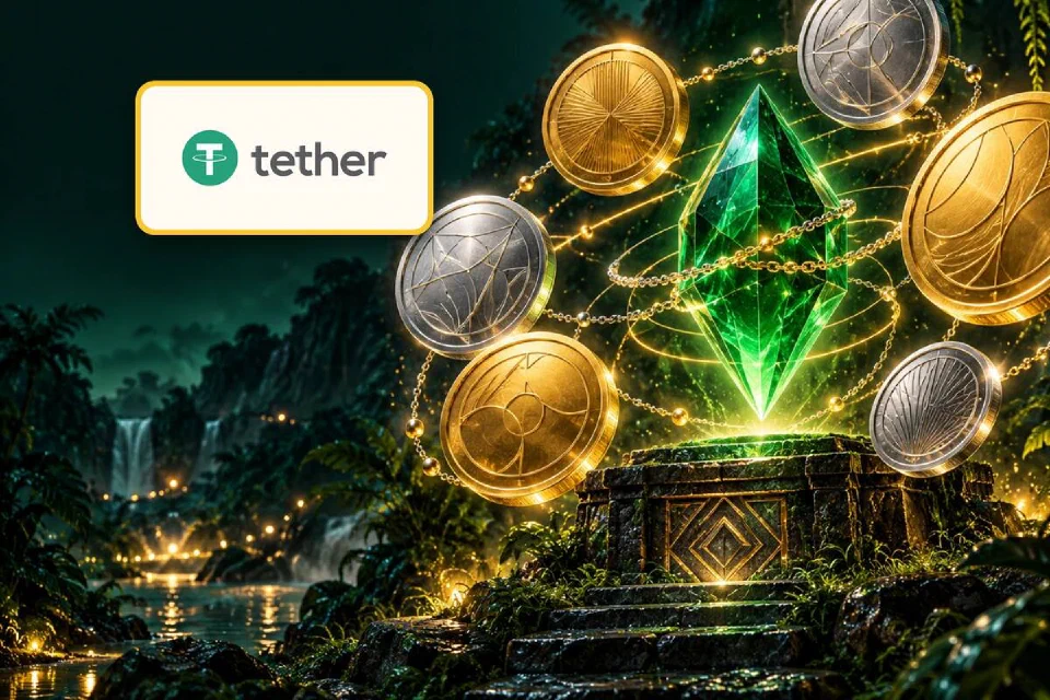 Logo Tether em placa dourada ao lado de moedas de ouro em anel de correntes de luz em volta de um cristal verde