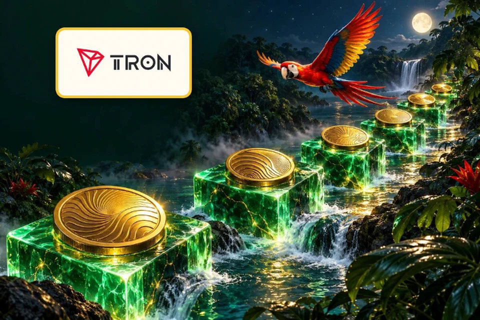 Logo Tron em placa dourada ao lado de cubos verdes luminosos com moedas de ouro e uma arara voando