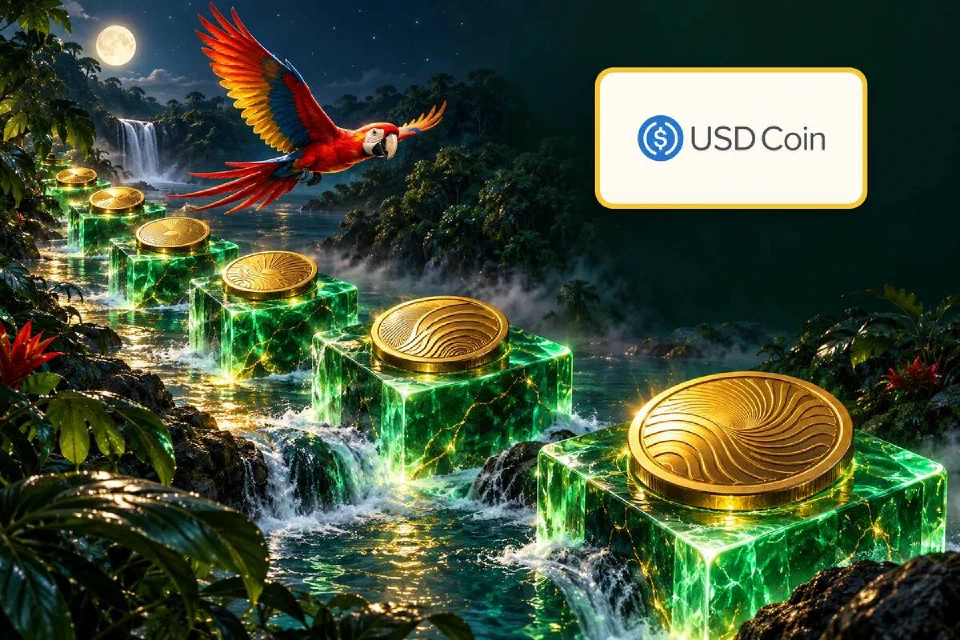 Logo USD Coin em placa dourada ao lado de cubos verdes luminosos com moedas sobre um rio na floresta