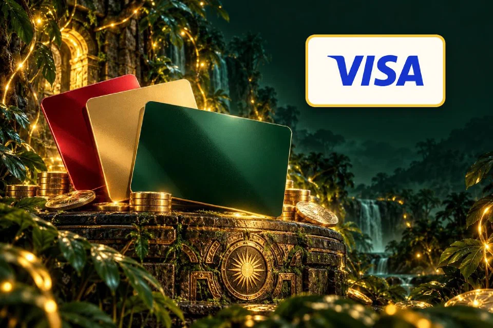 Logo Visa em placa dourada ao lado de cartões verde, dourado e vermelho sobre um altar de pedra na floresta
